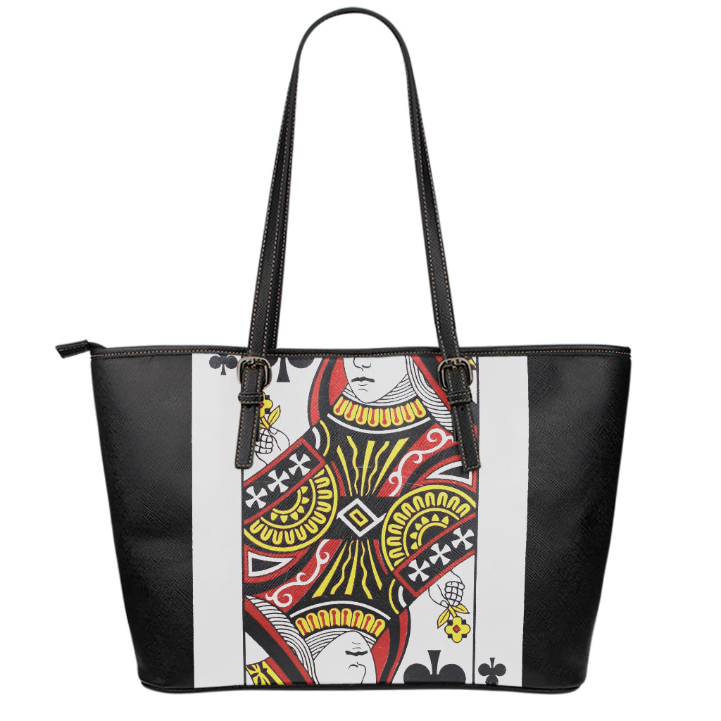 Queen Of Clubs Playing Card Print Leather Tote Bag