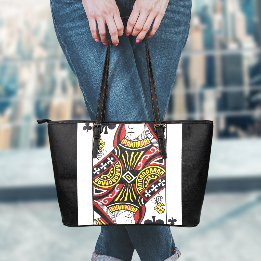 Queen Of Clubs Playing Card Print Leather Tote Bag
