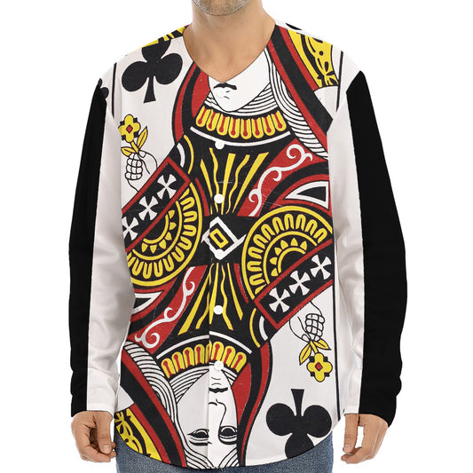 Queen Of Clubs Playing Card Print Long Sleeve Baseball Jersey