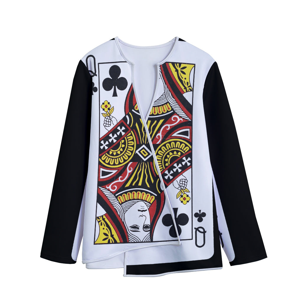 Queen Of Clubs Playing Card Print Long Sleeve Short Coat