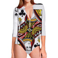 Queen Of Clubs Playing Card Print Long Sleeve Swimsuit
