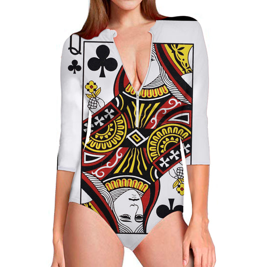 Queen Of Clubs Playing Card Print Long Sleeve Swimsuit