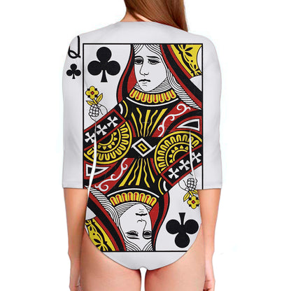 Queen Of Clubs Playing Card Print Long Sleeve Swimsuit