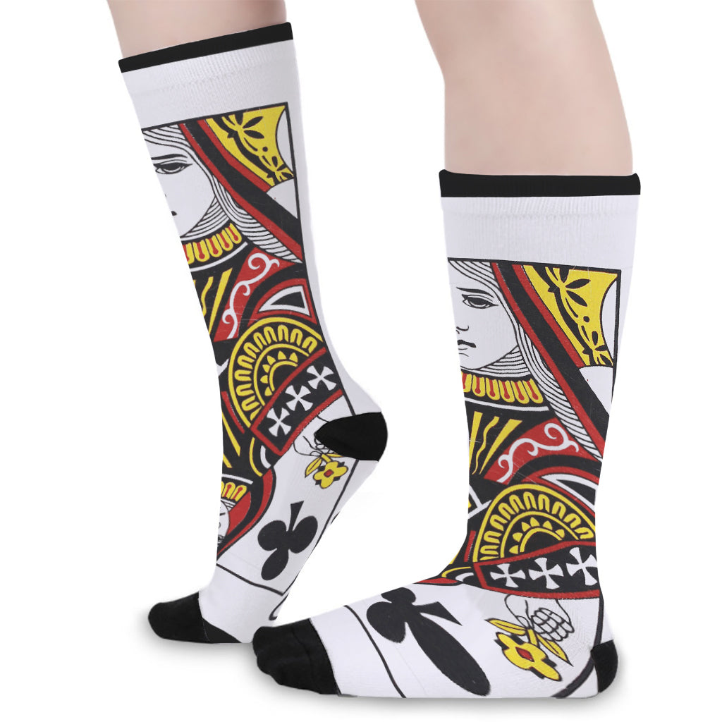 Queen Of Clubs Playing Card Print Long Socks