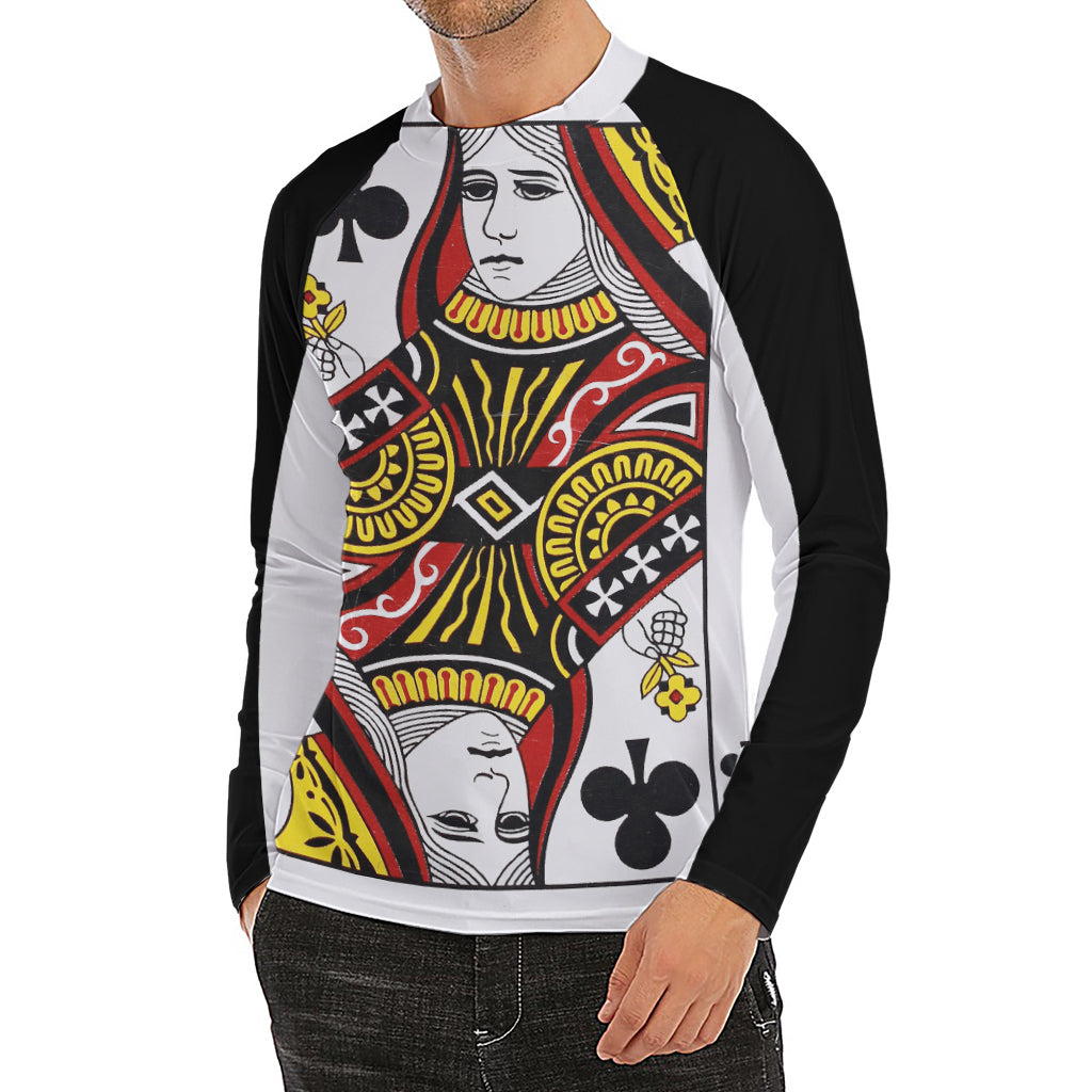 Queen Of Clubs Playing Card Print Men's Long Sleeve Rash Guard