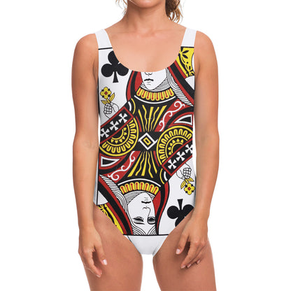Queen Of Clubs Playing Card Print One Piece Swimsuit
