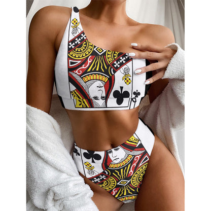 Queen Of Clubs Playing Card Print One Shoulder Bikini Top
