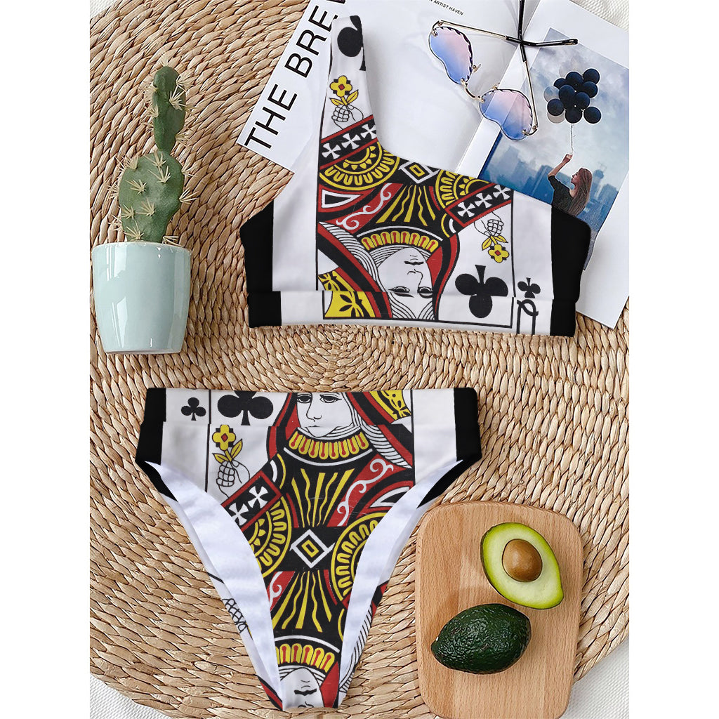 Queen Of Clubs Playing Card Print One Shoulder Bikini Top