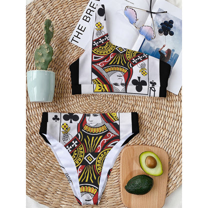 Queen Of Clubs Playing Card Print One Shoulder Bikini Top