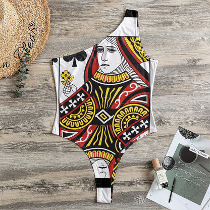 Queen Of Clubs Playing Card Print One Shoulder Bodysuit
