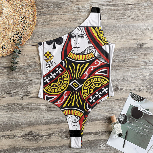 Queen Of Clubs Playing Card Print One Shoulder Bodysuit