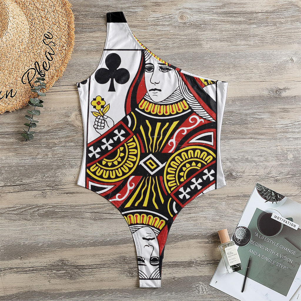 Queen Of Clubs Playing Card Print One Shoulder Bodysuit