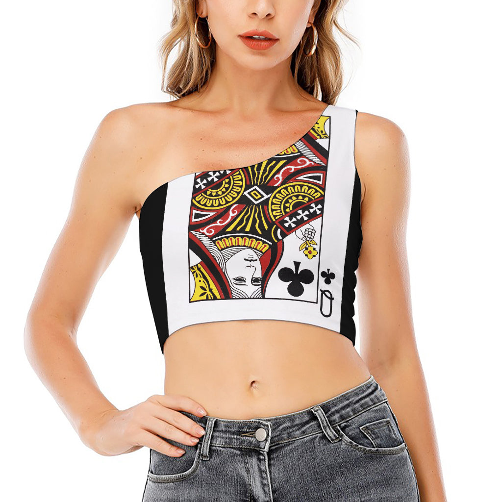 Queen Of Clubs Playing Card Print One Shoulder Crop Top