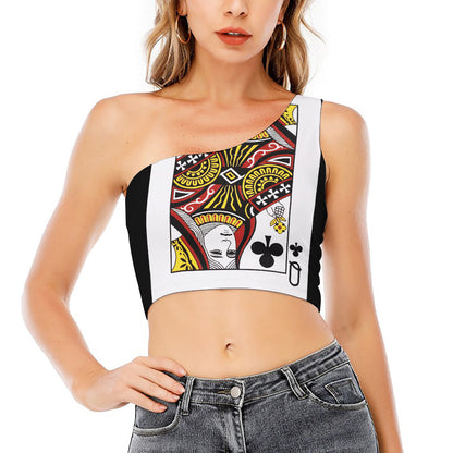 Queen Of Clubs Playing Card Print One Shoulder Crop Top