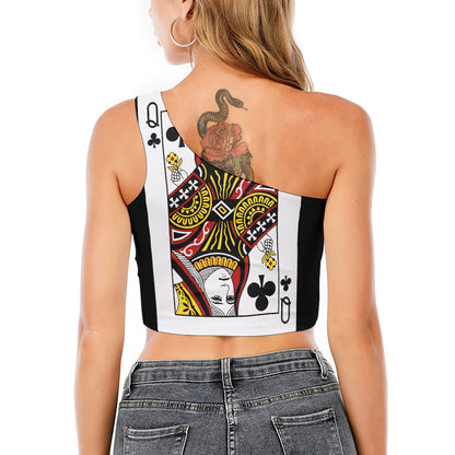 Queen Of Clubs Playing Card Print One Shoulder Crop Top