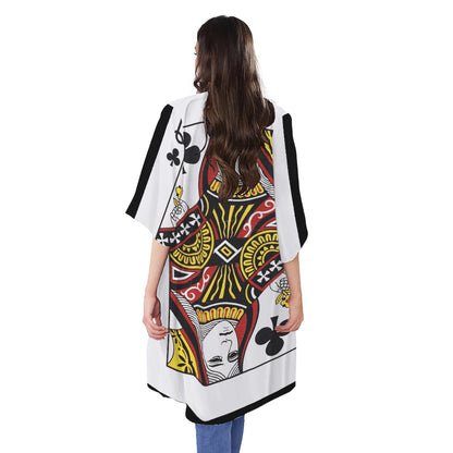 Queen Of Clubs Playing Card Print Open Front Beach Cover Up