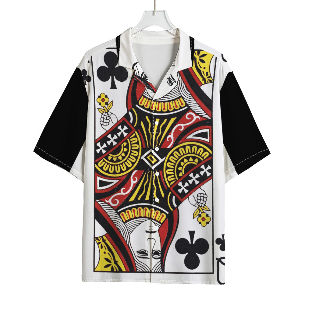 Queen Of Clubs Playing Card Print Rayon Hawaiian Shirt
