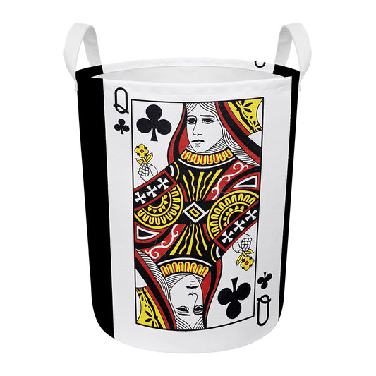 Queen Of Clubs Playing Card Print Round Laundry Basket