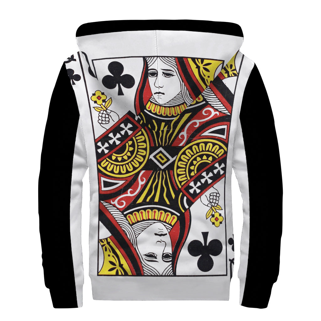 Queen Of Clubs Playing Card Print Sherpa Lined Zip Up Hoodie