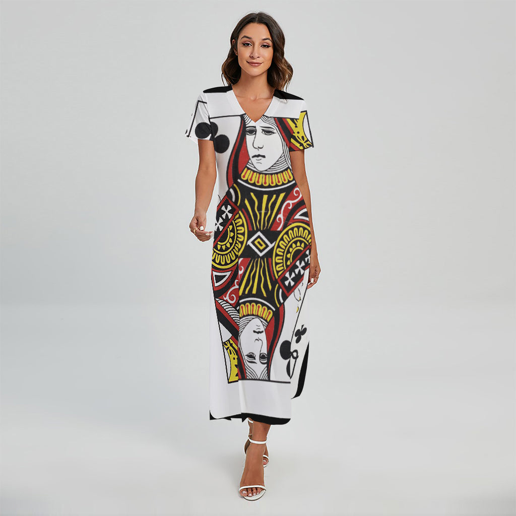 Queen Of Clubs Playing Card Print Short Sleeve Maxi Dress