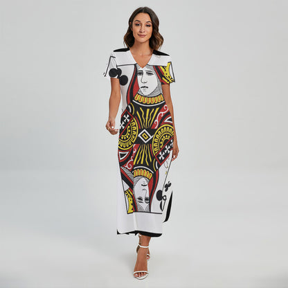 Queen Of Clubs Playing Card Print Short Sleeve Maxi Dress