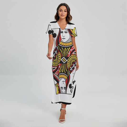 Queen Of Clubs Playing Card Print Short Sleeve Maxi Dress