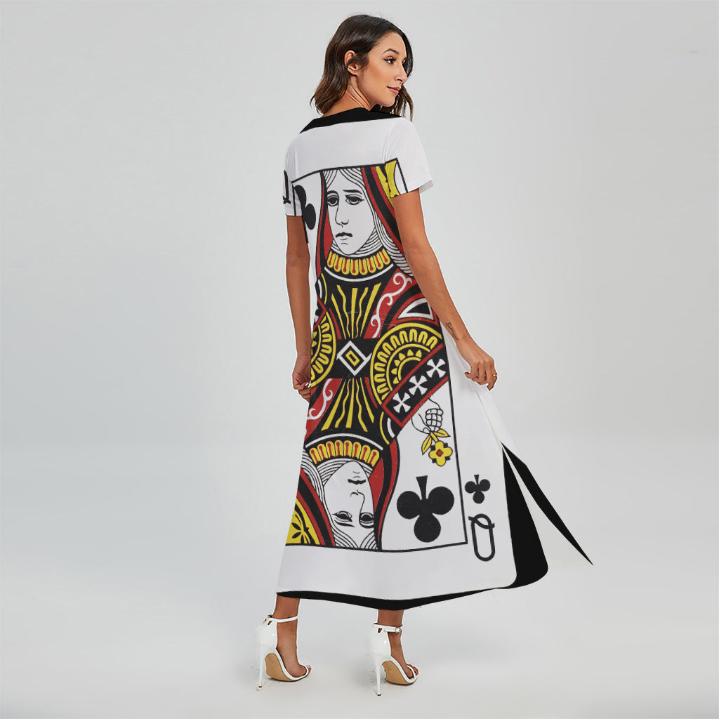 Queen Of Clubs Playing Card Print Short Sleeve Maxi Dress