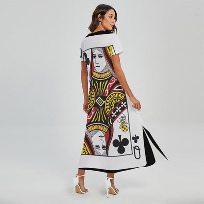 Queen Of Clubs Playing Card Print Short Sleeve Maxi Dress