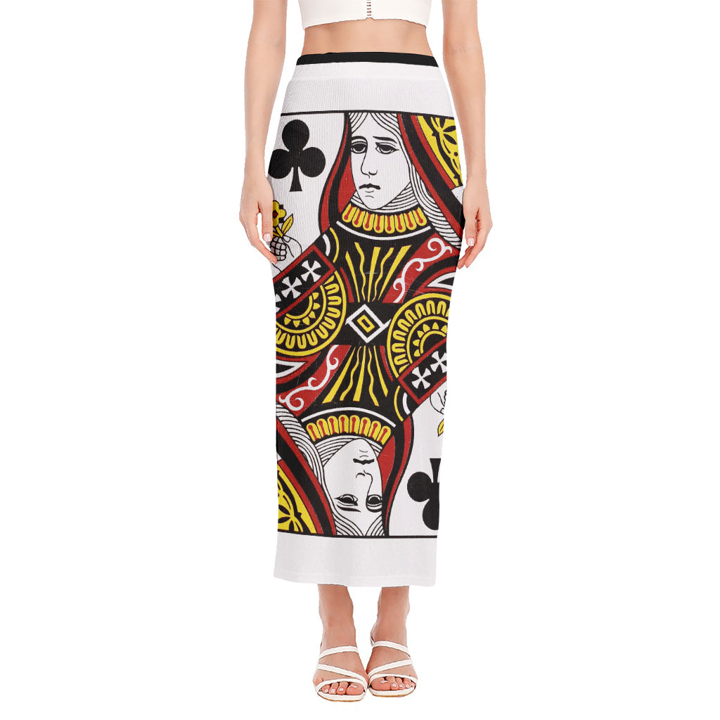Queen Of Clubs Playing Card Print Side Slit Maxi Skirt