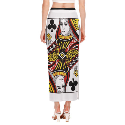 Queen Of Clubs Playing Card Print Side Slit Maxi Skirt
