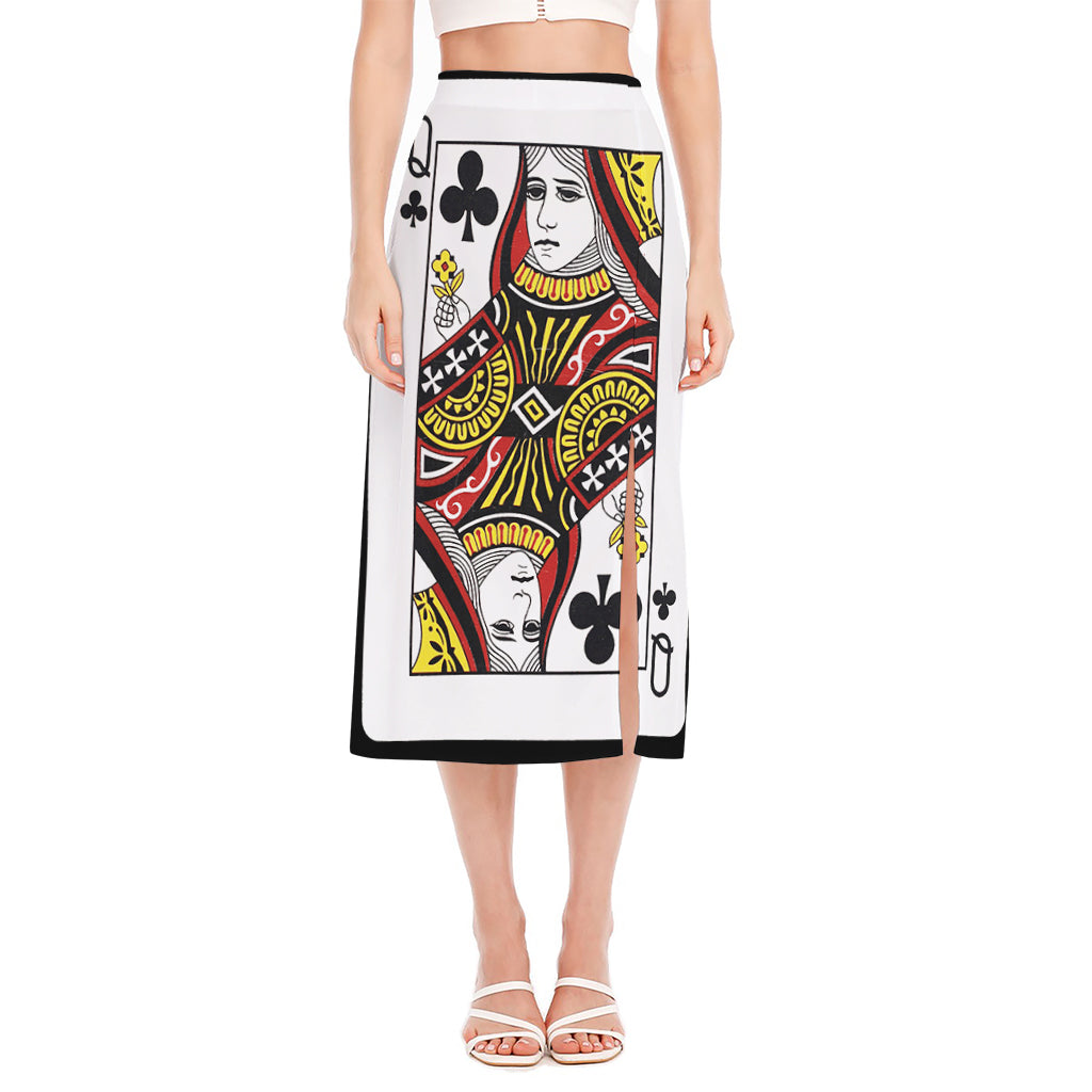 Queen Of Clubs Playing Card Print Side Slit Midi Skirt