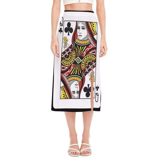 Queen Of Clubs Playing Card Print Side Slit Midi Skirt