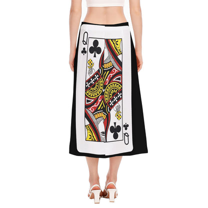 Queen Of Clubs Playing Card Print Side Slit Midi Skirt