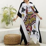 Queen Of Clubs Playing Card Print Silk V-Neck Kaftan Dress