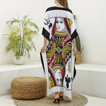 Queen Of Clubs Playing Card Print Silk V-Neck Kaftan Dress