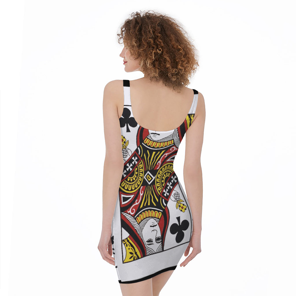 Queen Of Clubs Playing Card Print Sleeveless Bodycon Dress