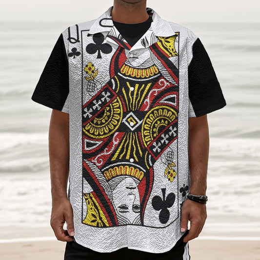 Queen Of Clubs Playing Card Print Textured Short Sleeve Shirt