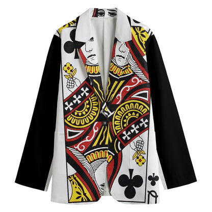 Queen Of Clubs Playing Card Print Women's Cotton Blazer