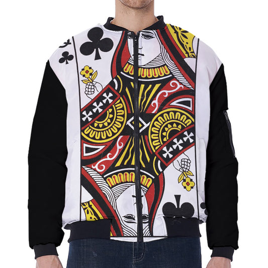 Queen Of Clubs Playing Card Print Zip Sleeve Bomber Jacket