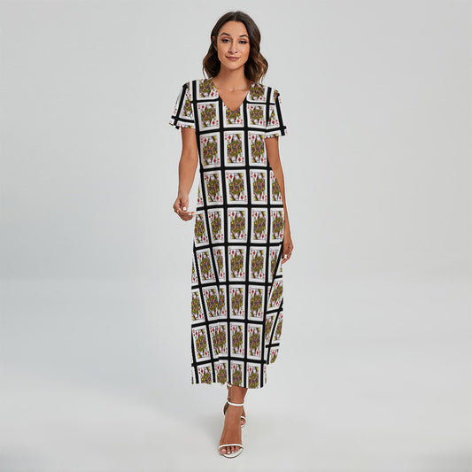 Queen Of Diamonds Pattern Print Short Sleeve Maxi Dress