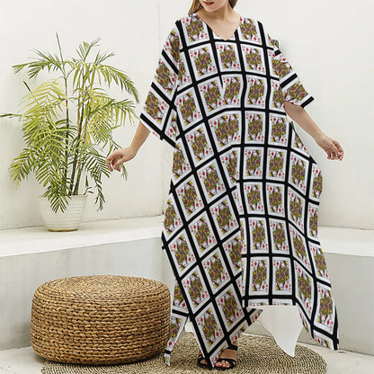 Queen Of Diamonds Pattern Print Silk V-Neck Kaftan Dress