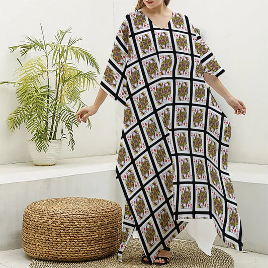 Queen Of Diamonds Pattern Print Silk V-Neck Kaftan Dress