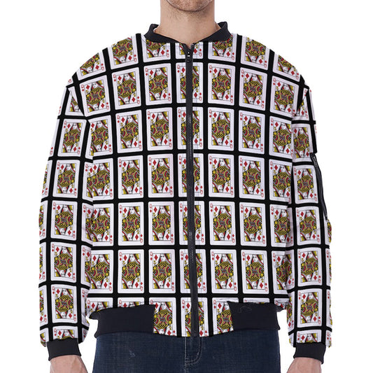 Queen Of Diamonds Pattern Print Zip Sleeve Bomber Jacket
