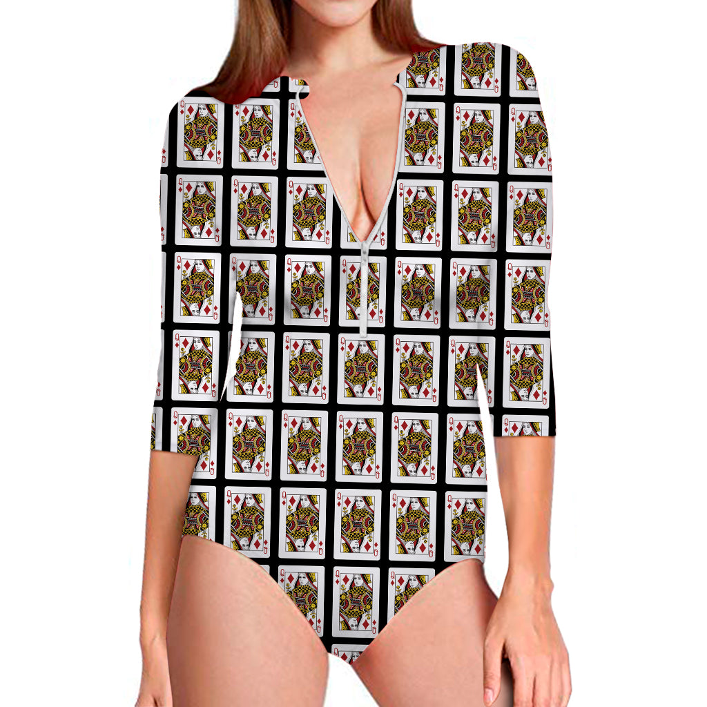 Queen Of Diamonds Playing Card Pattern Print Long Sleeve Swimsuit