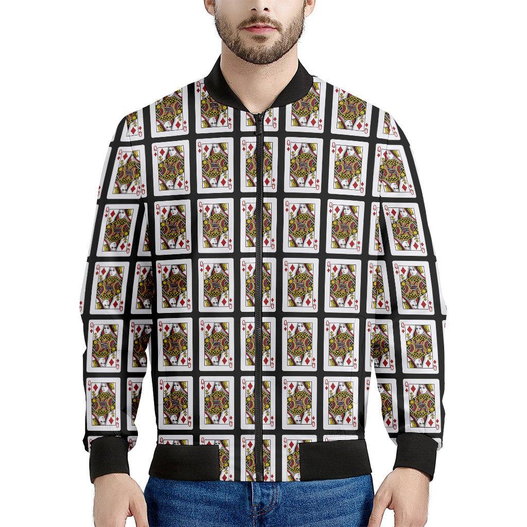 Queen Of Diamonds Playing Card Pattern Print Men's Bomber Jacket