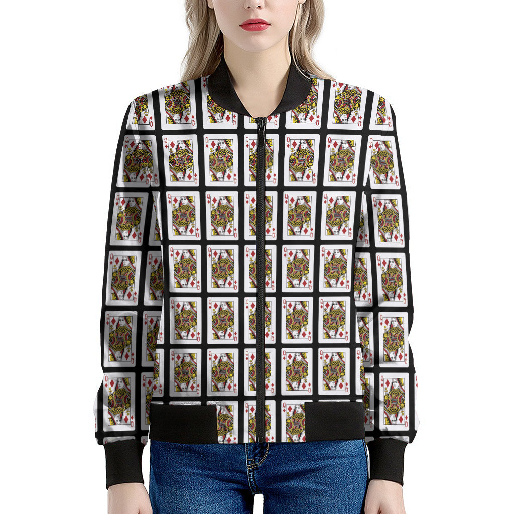 Queen Of Diamonds Playing Card Pattern Print Women's Bomber Jacket