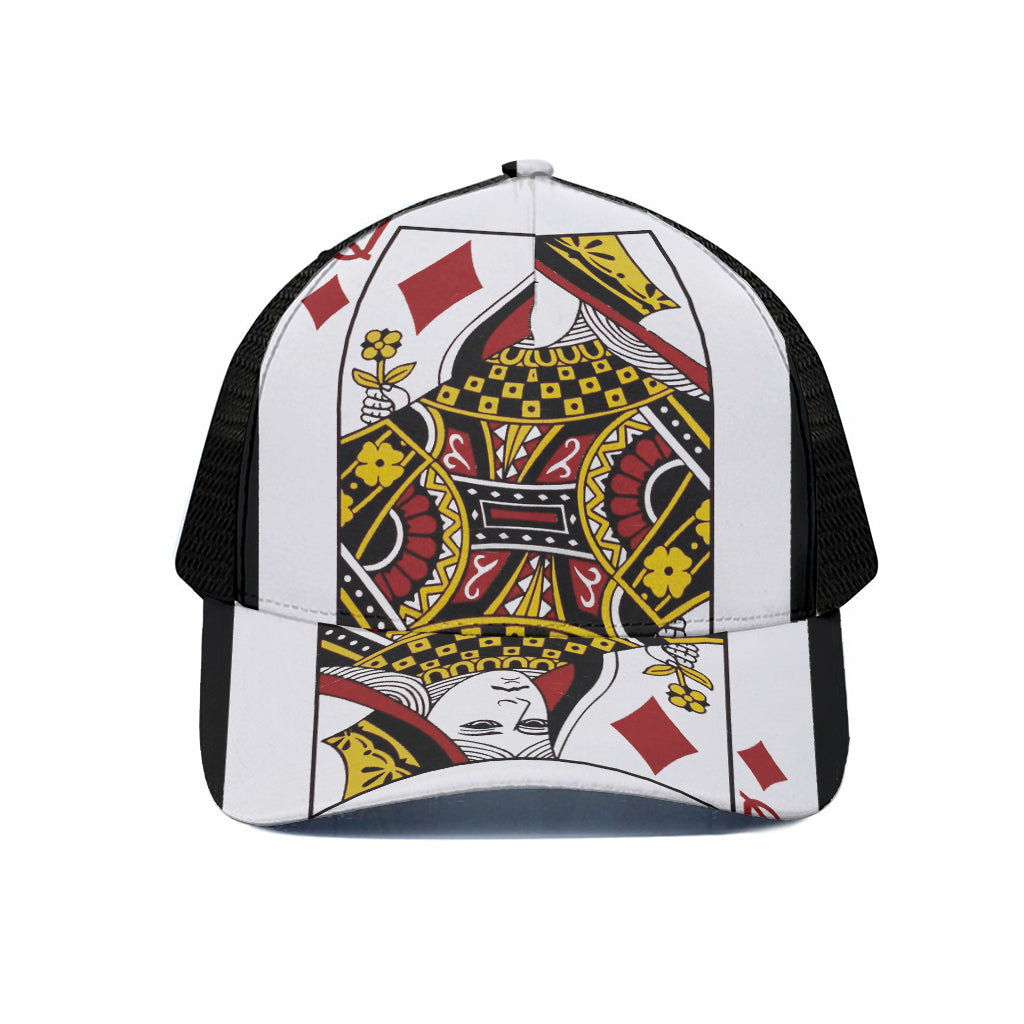 Queen Of Diamonds Playing Card Print Black Mesh Trucker Cap