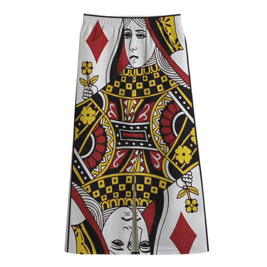 Queen Of Diamonds Playing Card Print Cotton Front Slit Maxi Skirt