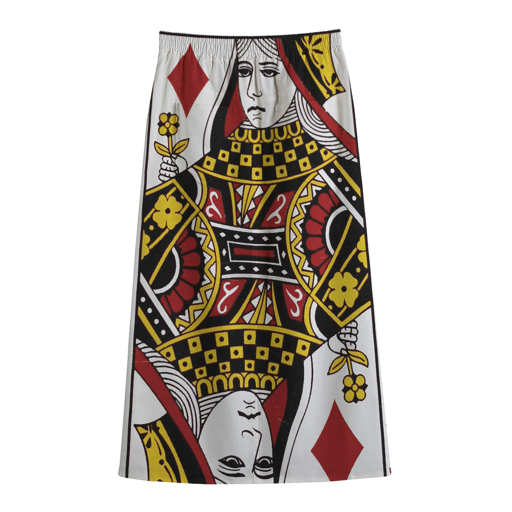 Queen Of Diamonds Playing Card Print Cotton Front Slit Maxi Skirt