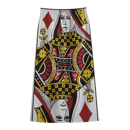 Queen Of Diamonds Playing Card Print Cotton Front Slit Maxi Skirt